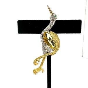 Vintage 80/90's Crystal Rhinestone Heron Bird Brooch Pin Womens Goldtone Dynasty